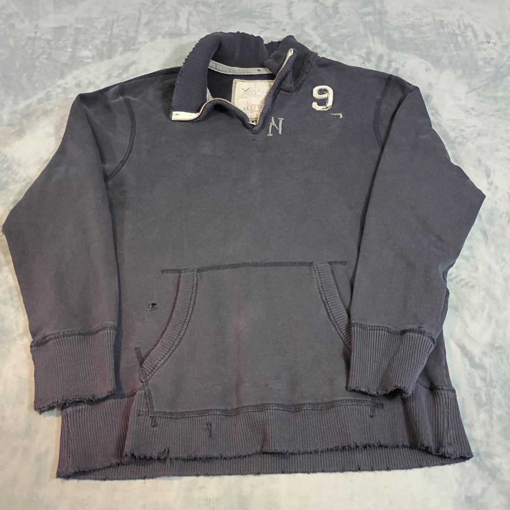 American Eagle Thrashed Distressed Quarter Zip Sweatshirt Mens XL Navy Blue 9 N